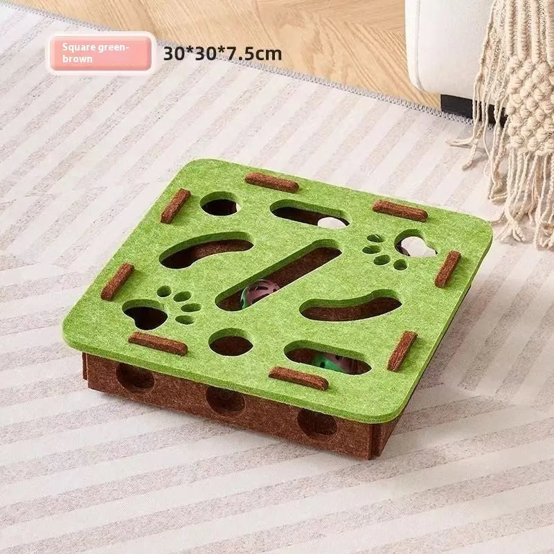 Square wool felt cat toy box with multiple cut-out holes in green brown colour