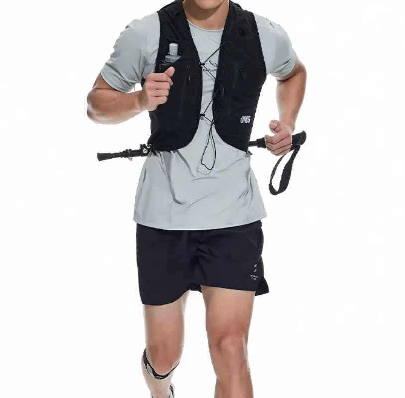 Black and blue four-point stretch running shorts with laser-stitched seams laid flat.