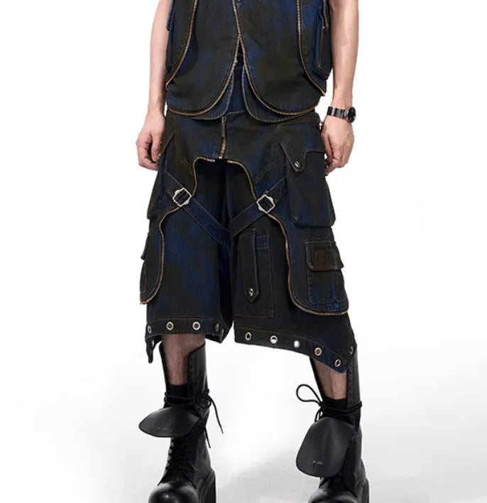 Blue deconstructed Korean-style hooded denim vest and matching trousers laid flat.