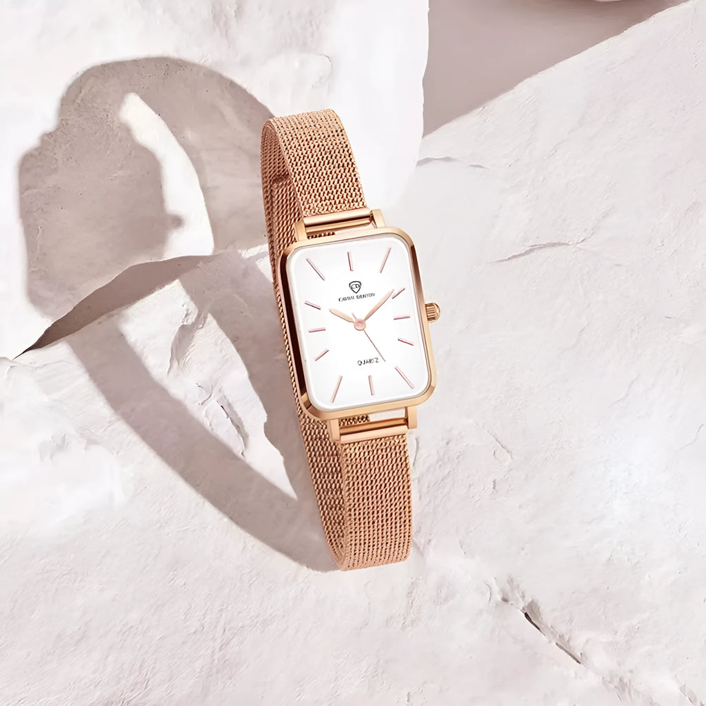 Women's rose gold or silver alloy waterproof quartz watch with woven steel strap.