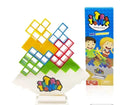 Balance stacking game with 16 plastic building blocks, chassis, and base on a table