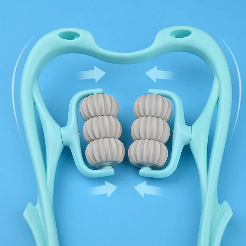 Blue plastic six-wheel massager for shoulders neck and waist tension relief