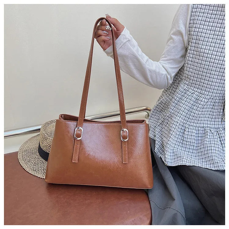 Fashion retro underarm shoulder bag in brown PU with sewing line detail, horizontal square shape