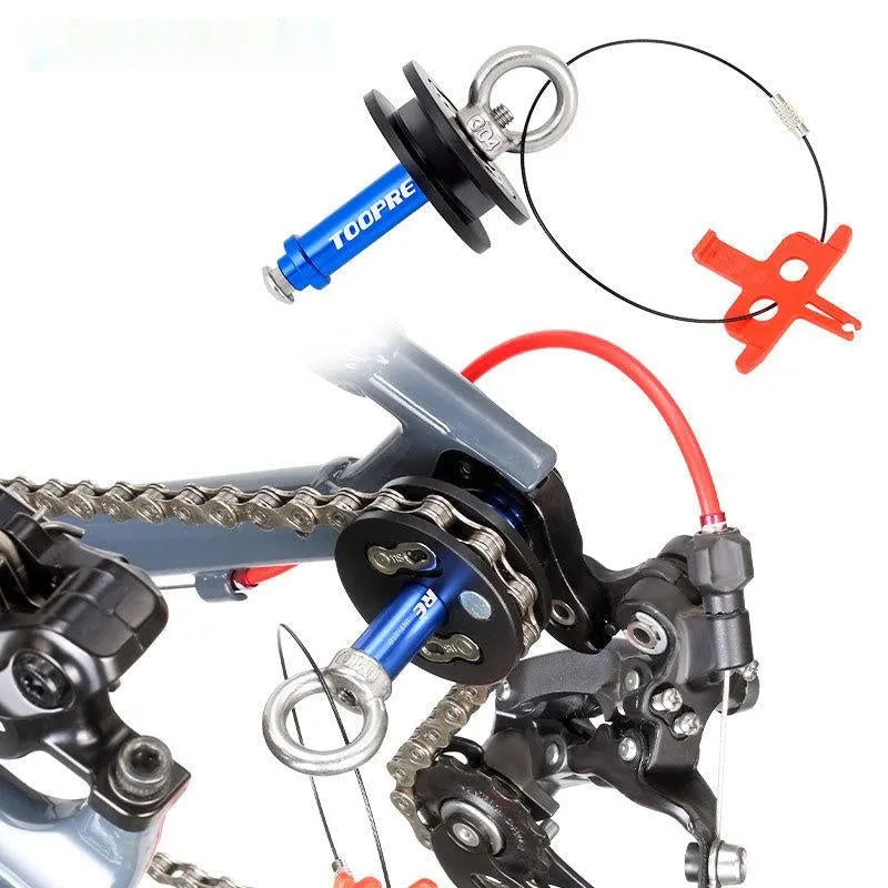 Aluminium bicycle chain holder and stopper tension tool for drivetrain cleaning and maintenance.