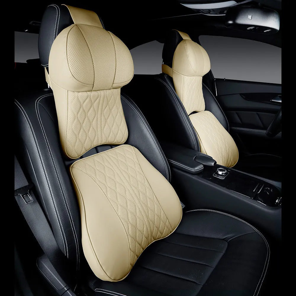 Car neck pillow and matching lumbar support cushion with embroidered wavy pattern in beige colour