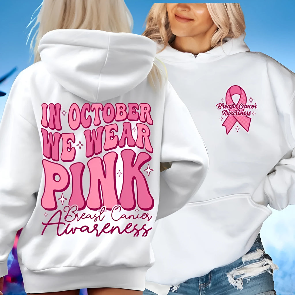 Breast Cancer Awareness hoodie with retro print design and side seam pockets in pink colour.