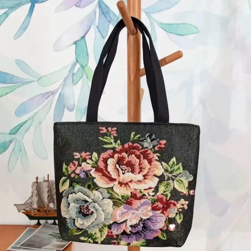 Double-sided gold wire embroidered canvas bag in small, medium, or large size.