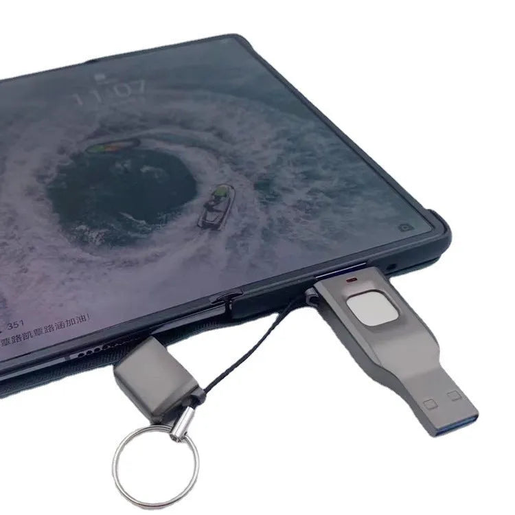 Black metal fingerprint encrypted USB flash drive showing USB 3.0 and Type-C connectors.