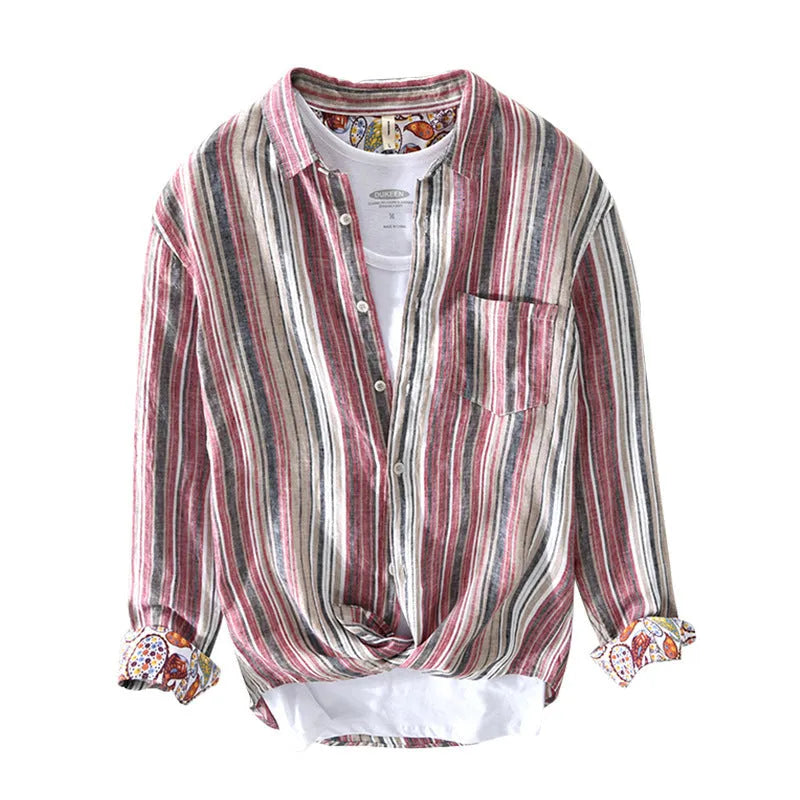Men's striped linen shirt in red or gray with long sleeves and loose fit
