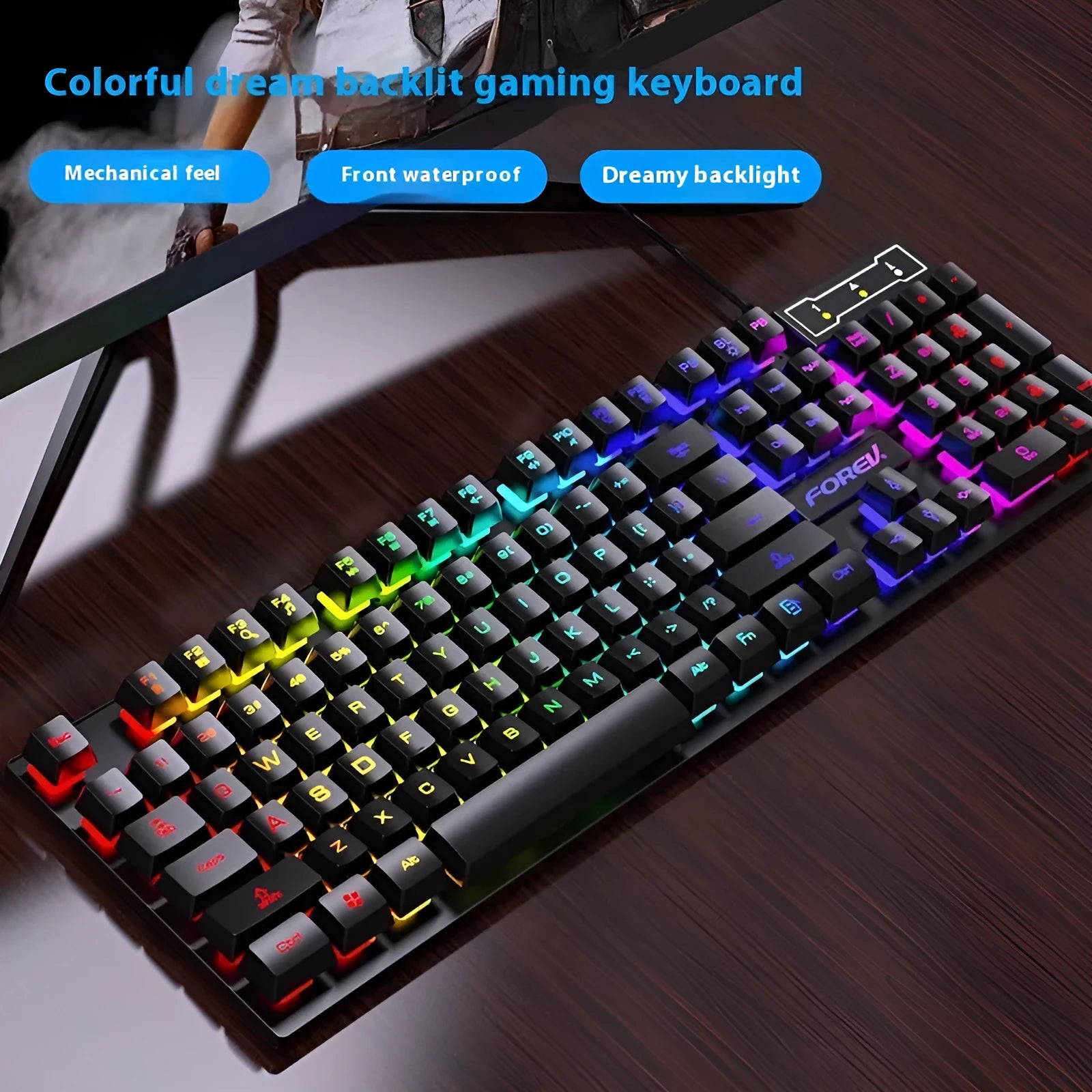 Black 104-key backlit gaming keyboard with compact design and matching mouse