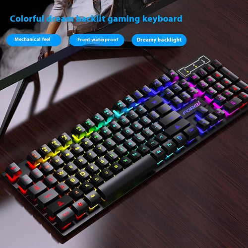 Black 104-key backlit gaming keyboard with compact design and matching mouse