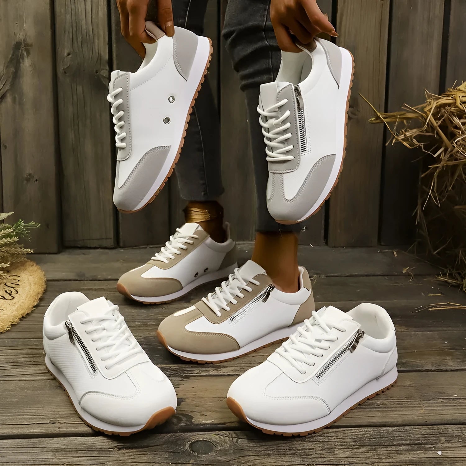 Women's flat-heeled shoes in champagne colour with a PU upper and rubber sole.
