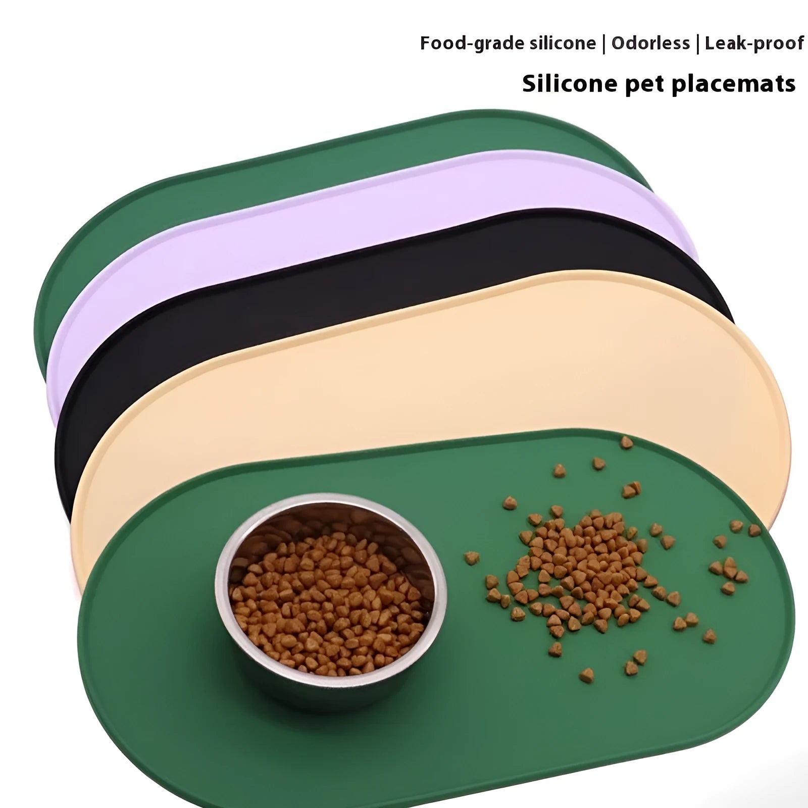 Green silicone cat feeding placemat with a food bowl on it, showing its waterproof, wipe-clean surface.