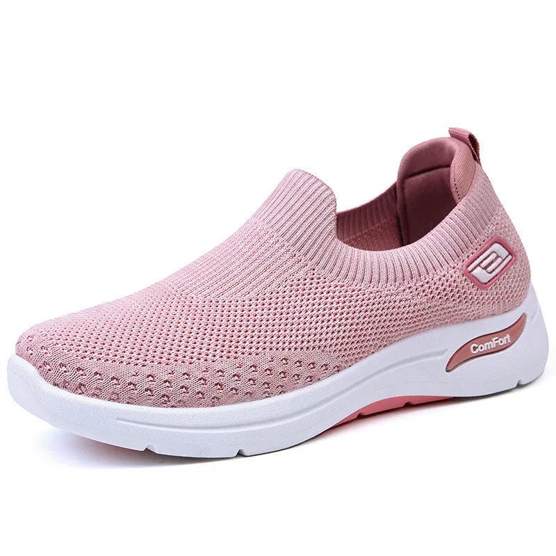 Women's casual soft bottom socks sneakers in solid colour, low top mesh upper with front lace-up, flat heel