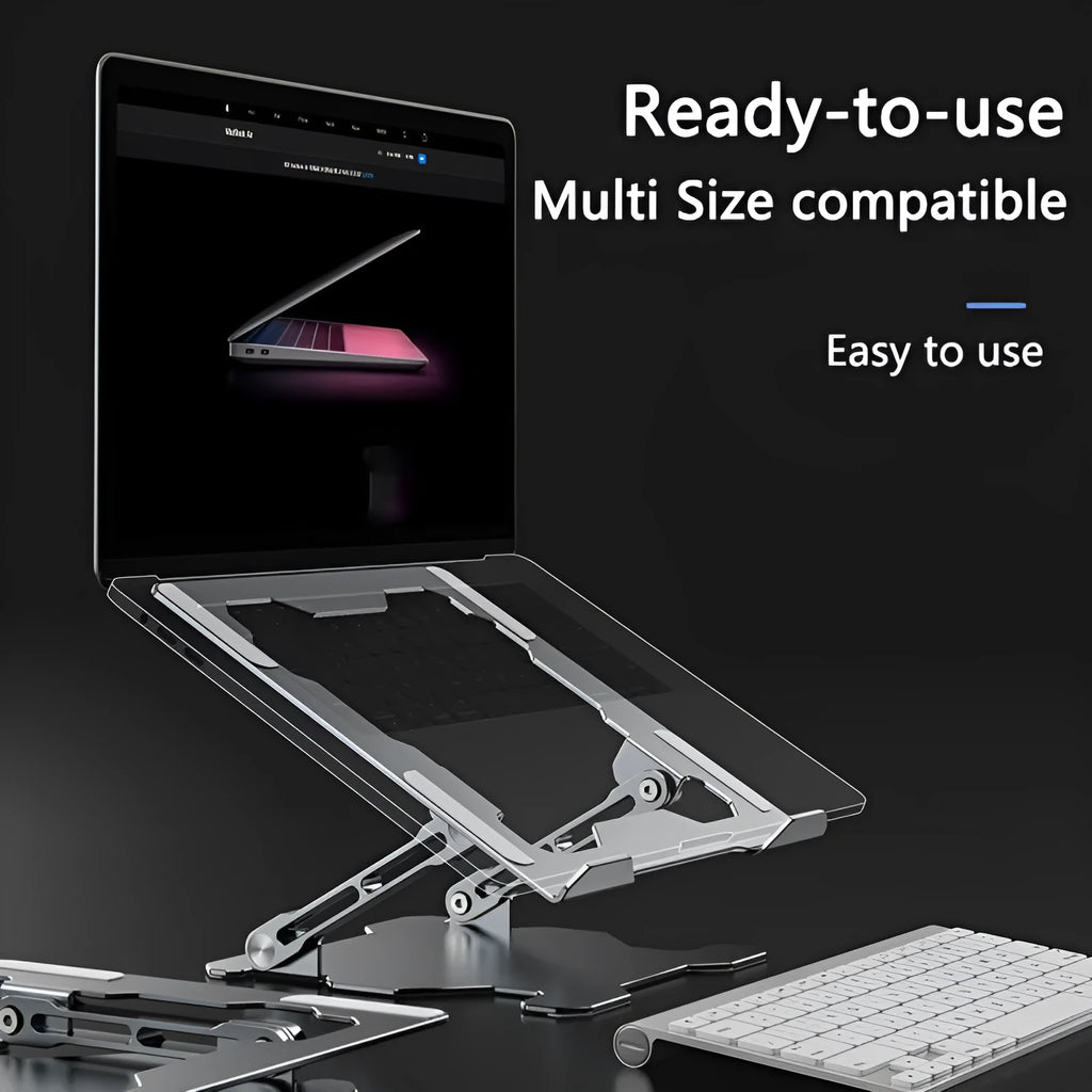 Grey adjustable aluminium laptop stand with hollow design, shown holding a silver laptop.