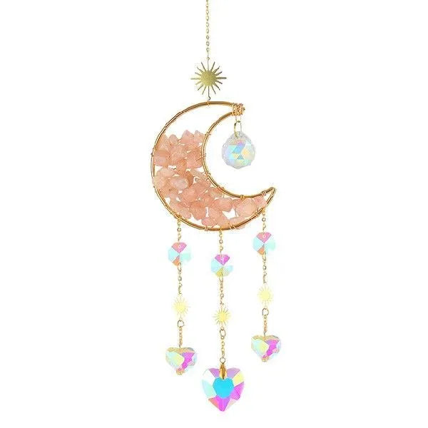 Crystal car pendant with moon design hanging from rear-view mirror