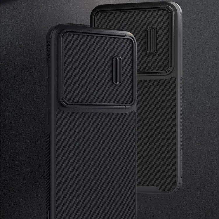 Black carbon fibre reinforced Samsung S23 Ultra phone case with lens push cover