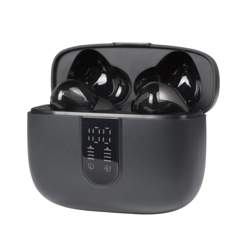 Jerry X08 black wireless Bluetooth headphones with charging case showing digital display subwoofer fourth generation technology
