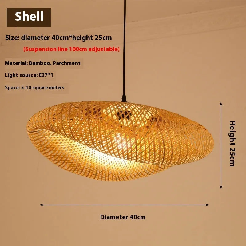 Chinese style bamboo chandelier with 40cm diameter shell for Zen tea room lighting.