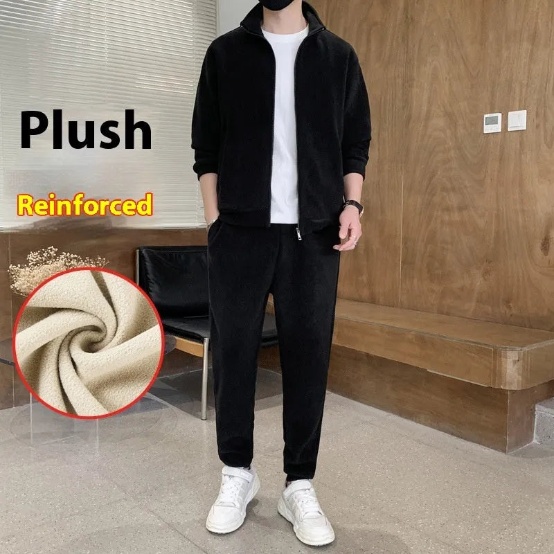 Men's sports leisure cardigan suit set in grey with long sleeve top, trousers, and matching shoulder bag on model