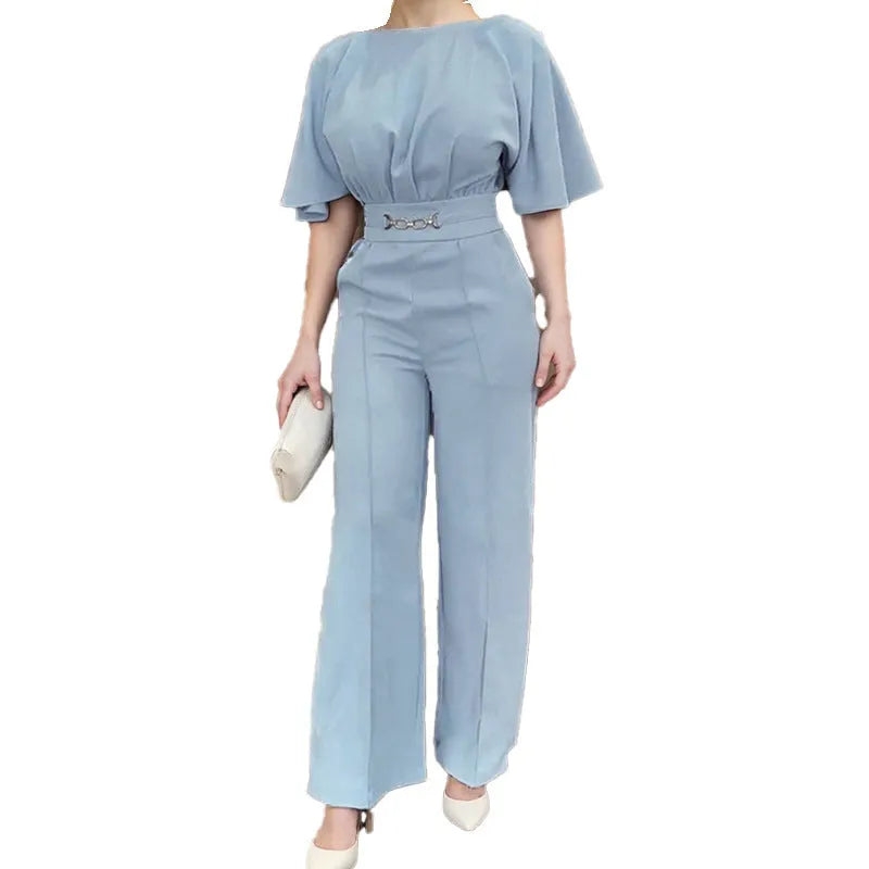 Blue polyester men's casual two-piece suit with long sleeve jacket and matching trousers