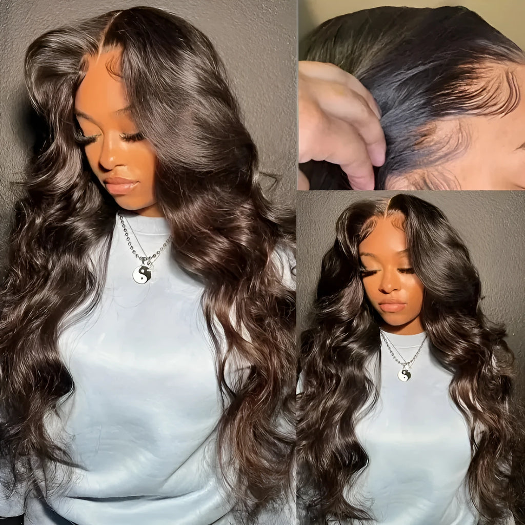 Dark brown long curly women's wig with side bangs and front lace cap