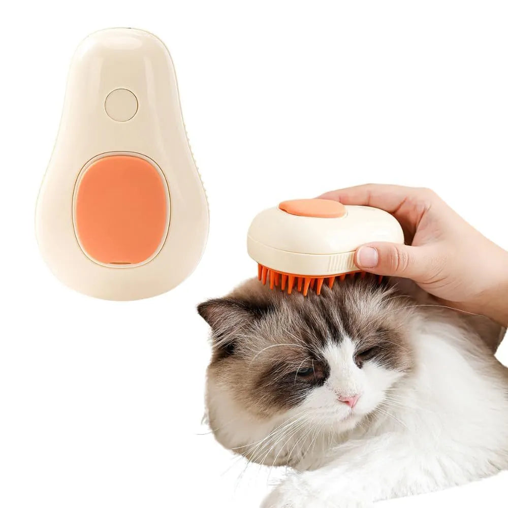 Green and white rechargeable cat steam grooming brush with silicone teeth on a wooden table.