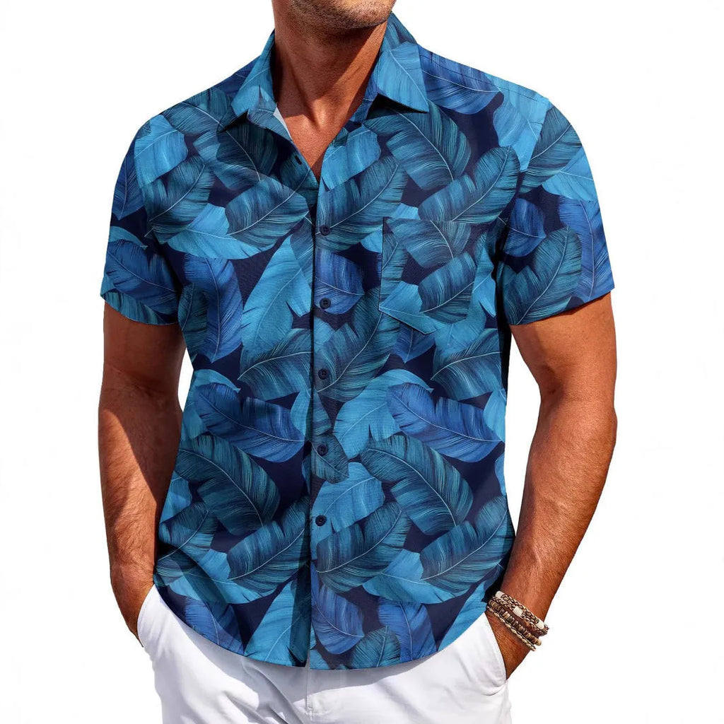 Men's slim fit Hawaiian style cardigan shirt in elastic polyester fabric with short sleeves