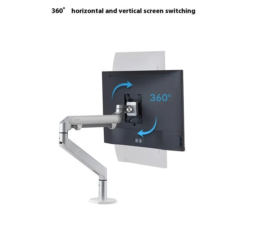 Silver aluminium laptop stand with hover design and air pressure arm bracket elevating a notebook