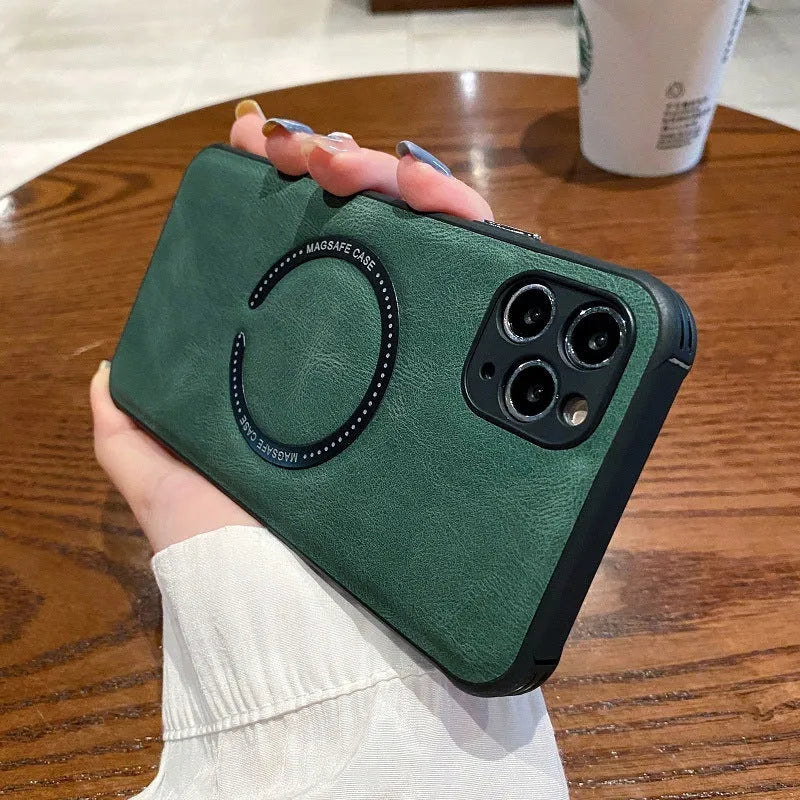 Business magnetic charging iPhone case in black imitation leather showing magnetic charging compatibility