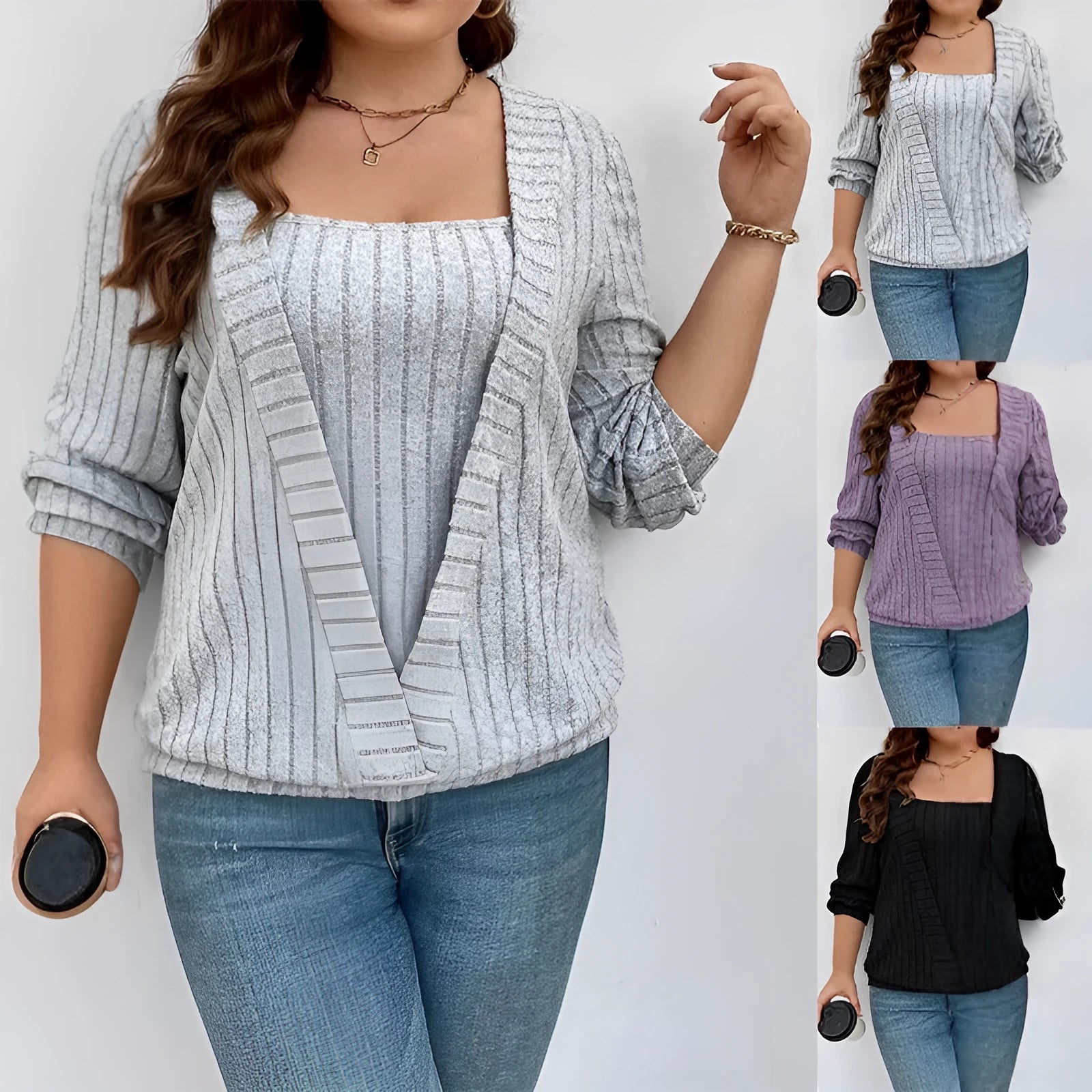 Women's solid colour V-neck long sleeve false two-piece suit in a loose ribbed fabric.