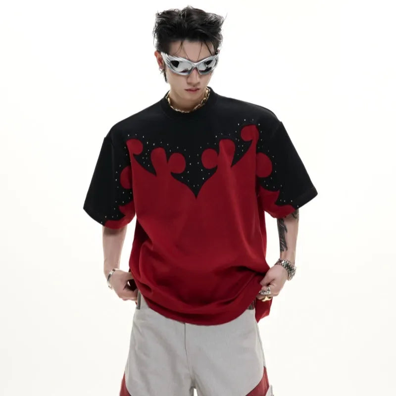 Men's red heavy cotton t-shirt with three-dimensional burnt flower rhinestone stitching and drop-shoulder sleeves