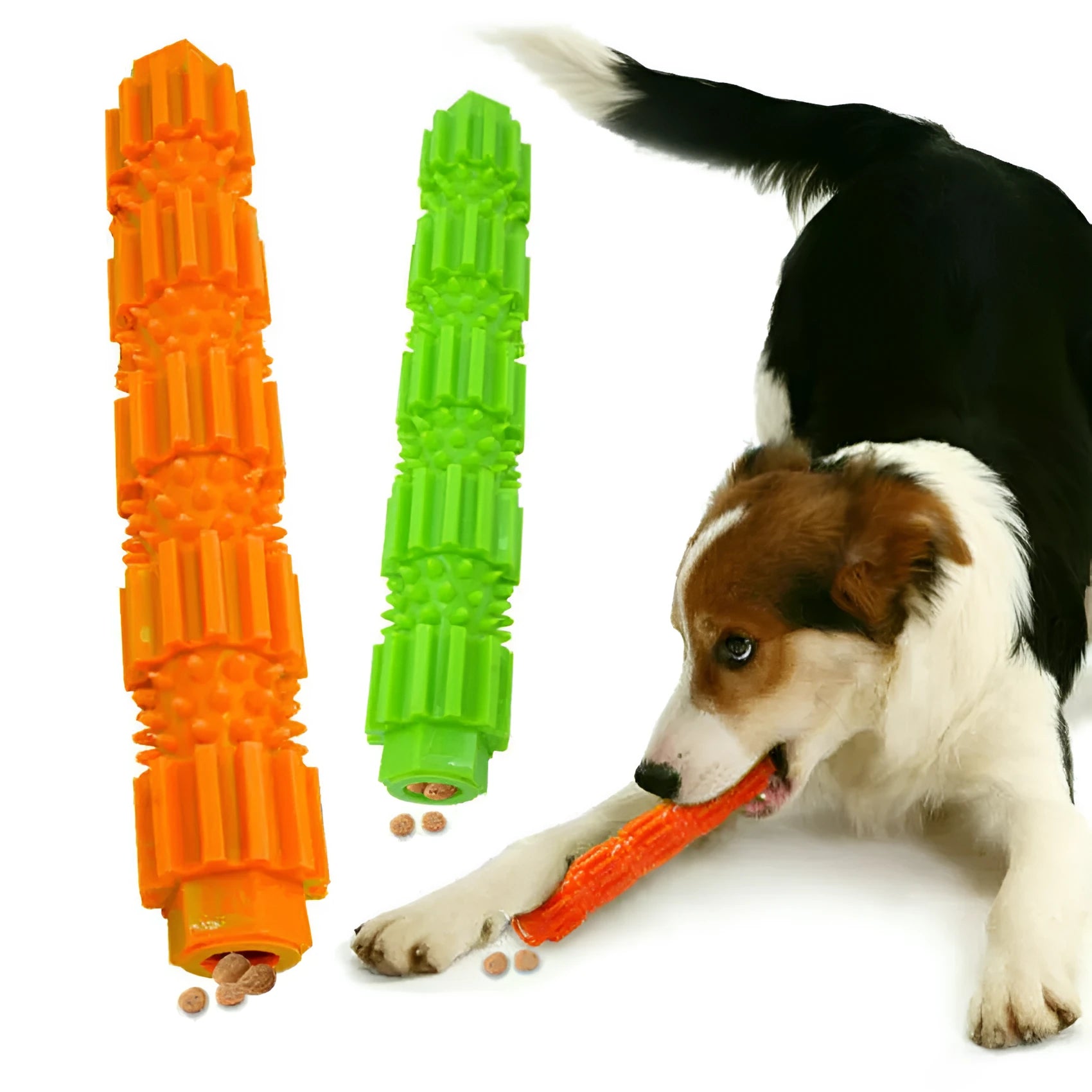 Green and orange durable rubber dog chew toy for aggressive chewers with treat dispensing opening