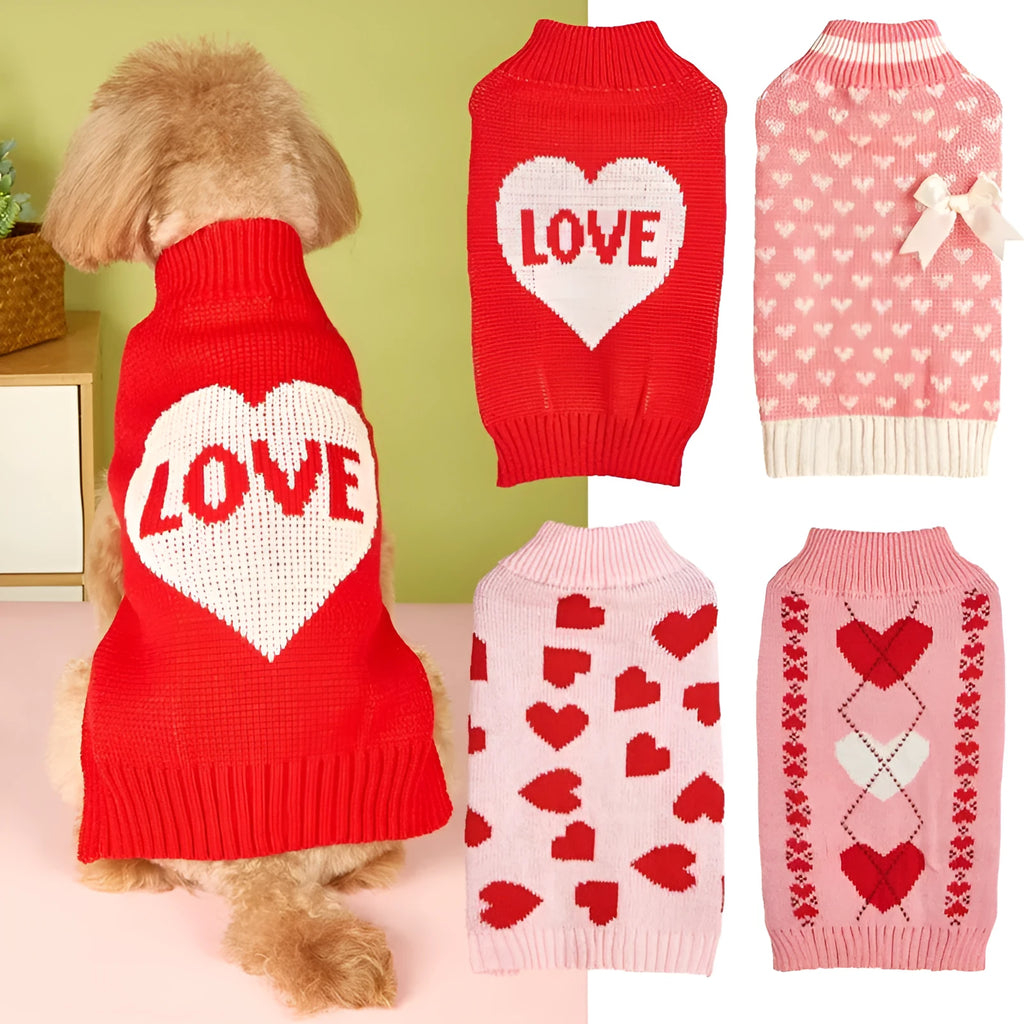 Red love heart design dog sweater with bow detail on acrylic pet clothing
