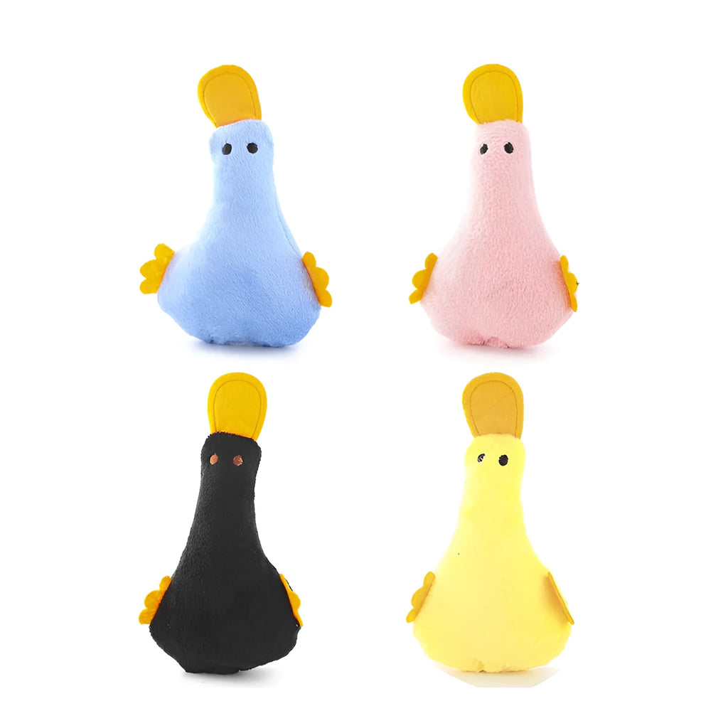 Plush duck pet toy with catnip filling and squeak sound feature in multiple colour options