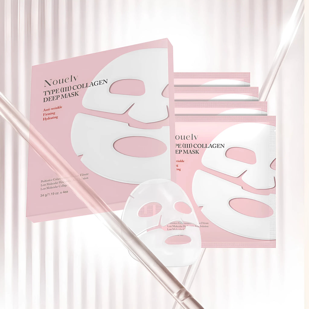 Pack of four collagen layered patch face masks for moisturising and rejuvenating skincare.