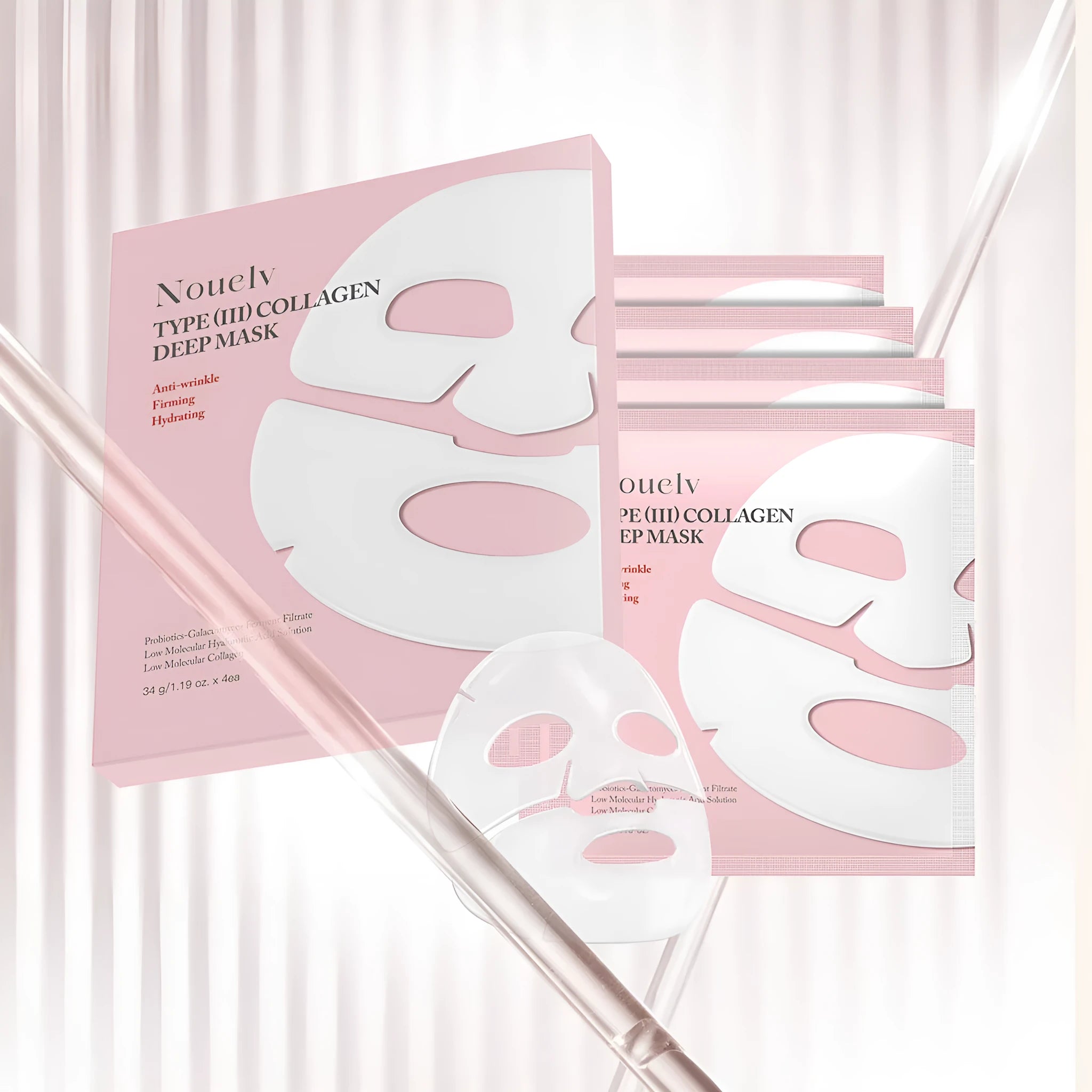 Pack of four collagen layered patch face masks for moisturising and rejuvenating skincare.
