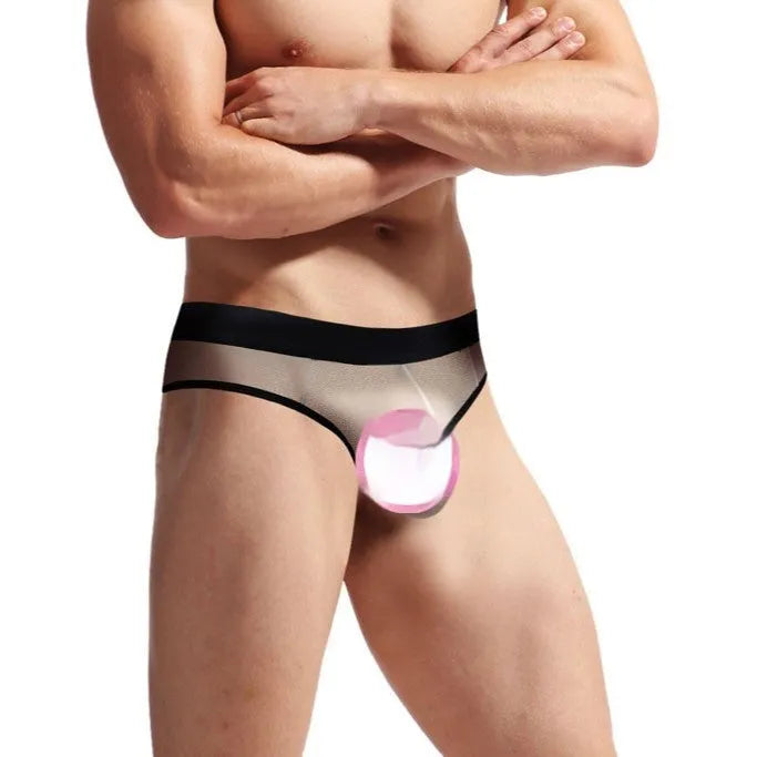 Men's mesh back rubber band triangle shorts in black with stretch waist, free size nylon athletic swim bottoms
