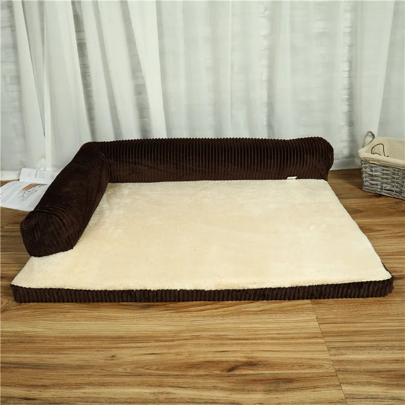 Corduroy dog bed with sponge padding on non-slip base in grey colour
