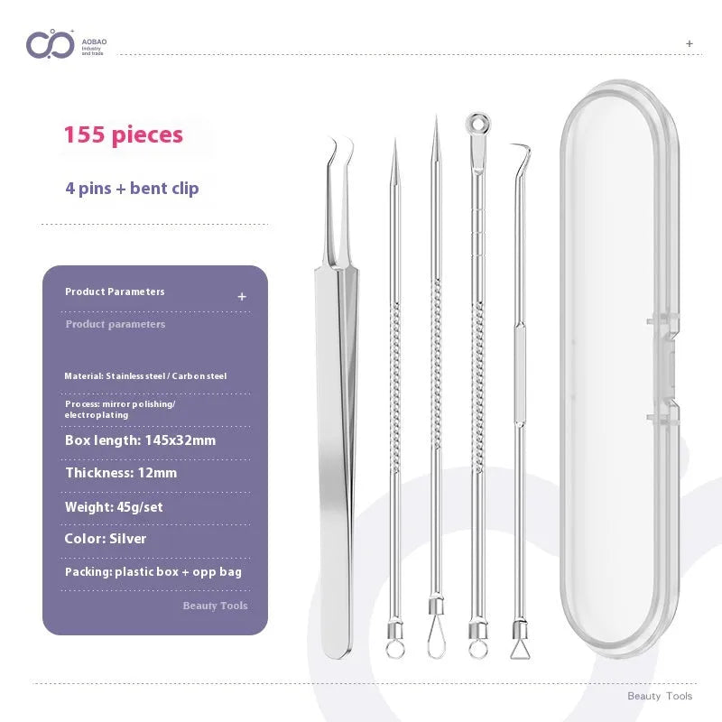 Four silver metal acne needles with ultra-fine pointed tips for skincare extraction.