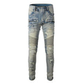 Light blue men's slim fit distressed jeans with hand-frayed details on a mid-waist, showing a zipper fly and straight leg cut.