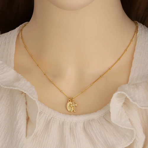 Gold geometric cross necklace with Virgin Mary ornament for women