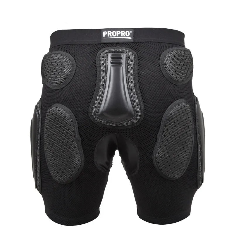 A pair of black cycling hip pad protective pants for sports, showing the integrated hip protection area.