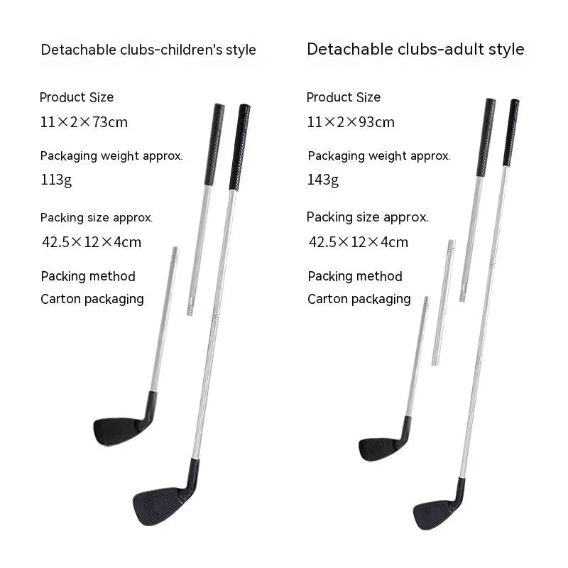 Metal golf practice club shown in two colour options: adult club and children's club for outdoor sports.