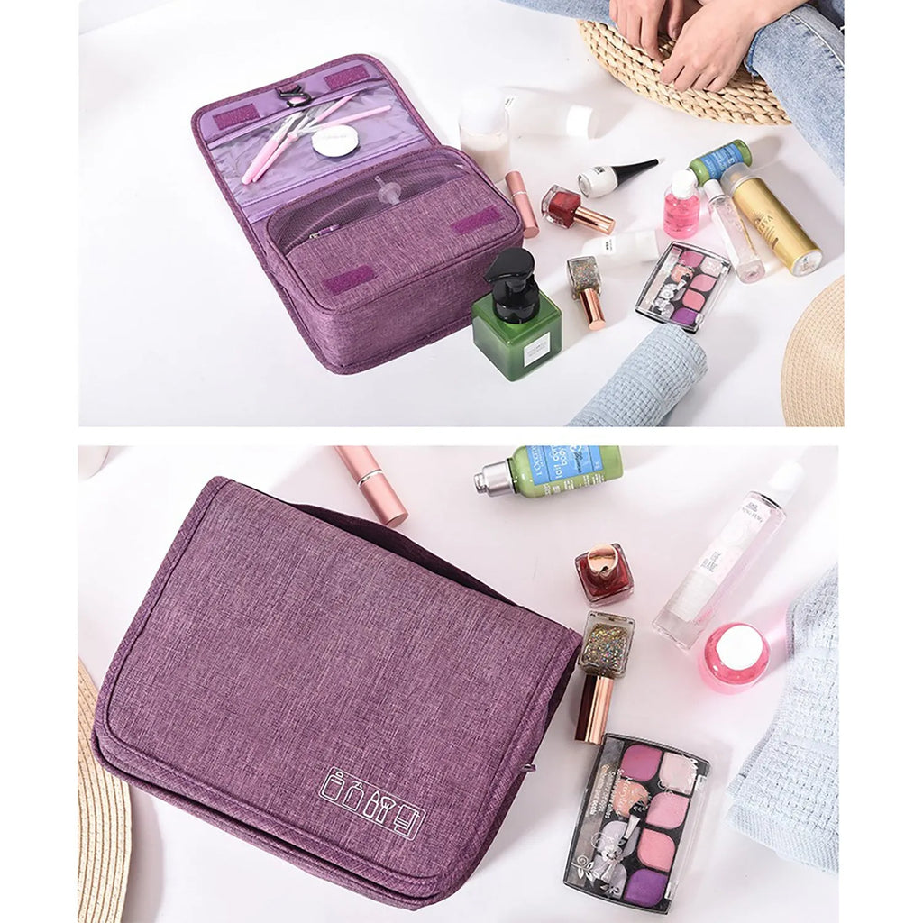 Travel hanging toiletry bag with four compartments and 360 swivel hook, water-resistant nylon, available in multiple colours
