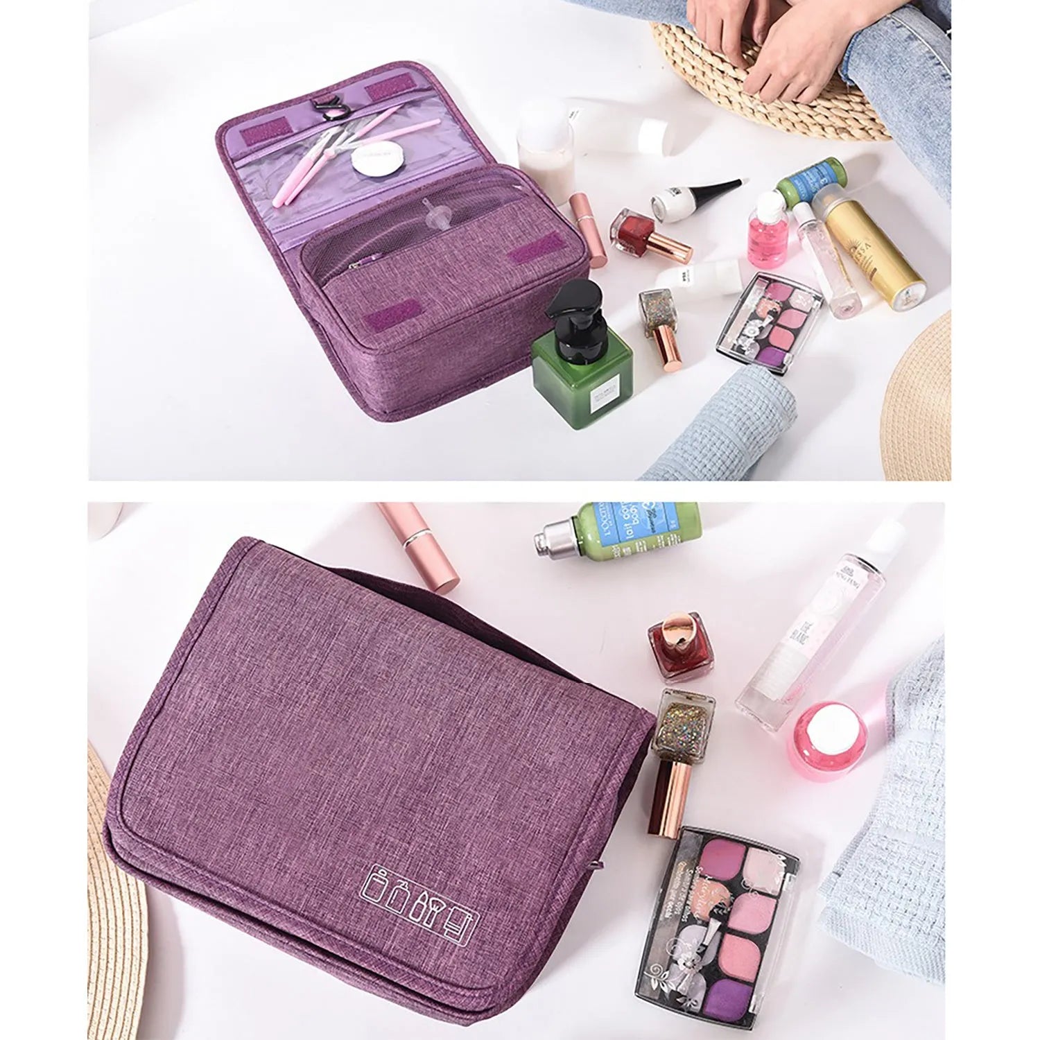 Travel hanging toiletry bag with four compartments and 360 swivel hook, water-resistant nylon, available in multiple colours