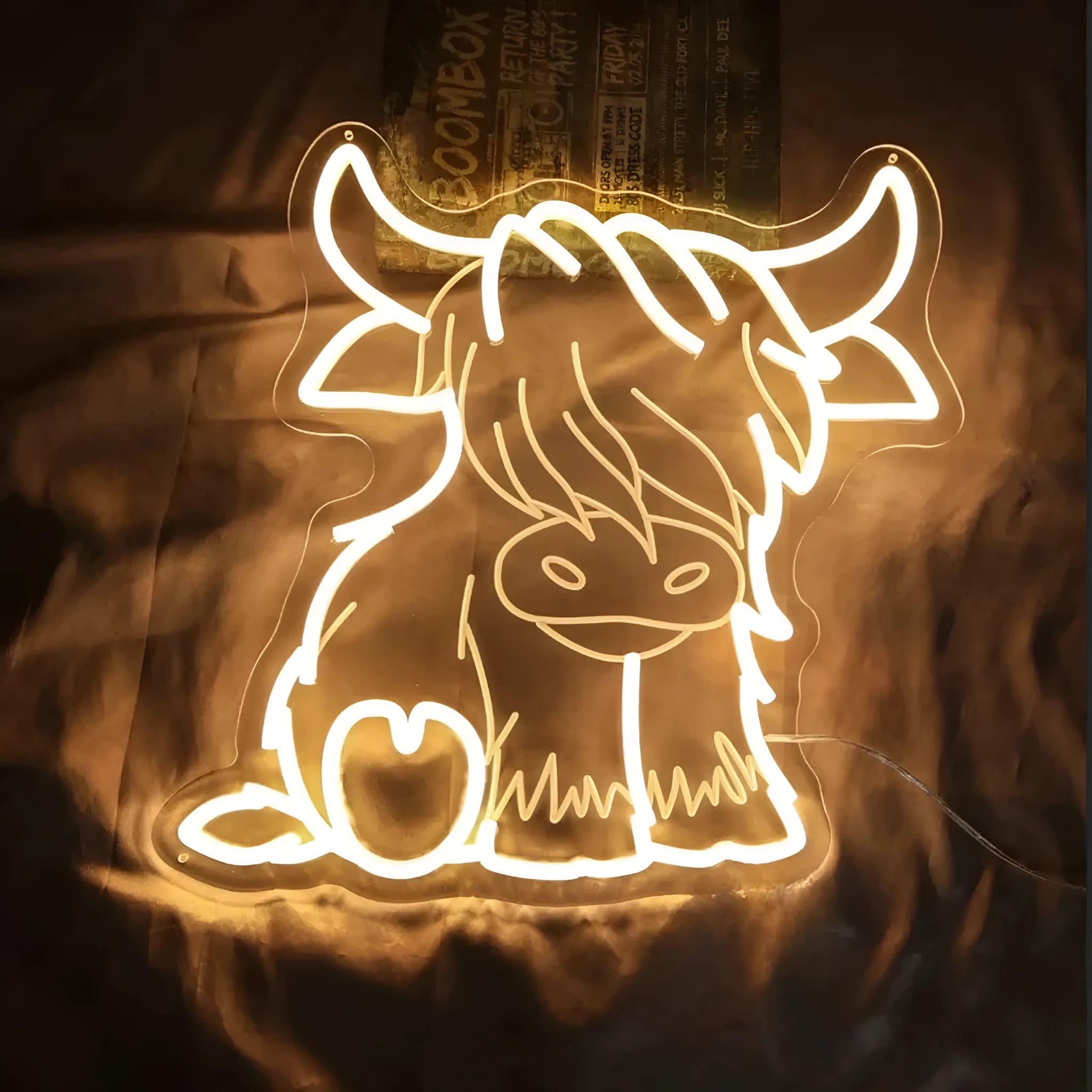 Creative Home LED luminous acrylic Highland cow shaped ambience light with USB cable, Word style finish