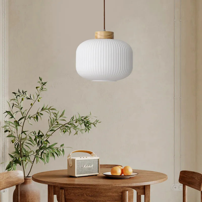 Retro Nordic style wooden pendant ceiling light with visible timber construction.