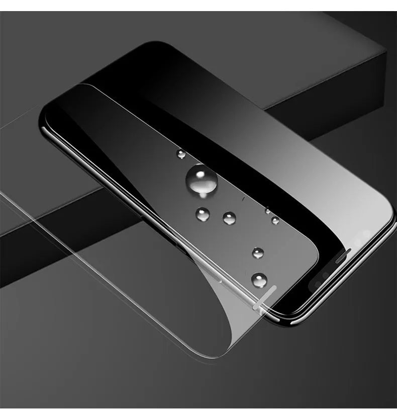Tempered glass screen protector for Samsung Galaxy smartphones showing full-screen coverage and anti-fingerprint surface