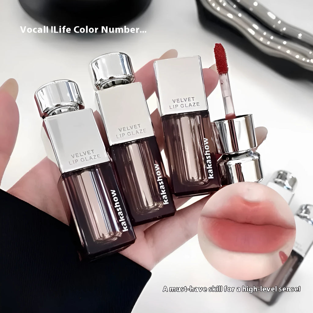 Kakashow lock colour velvet lip paint matte soft mist lipstick in 1.8g size showing shade options.
